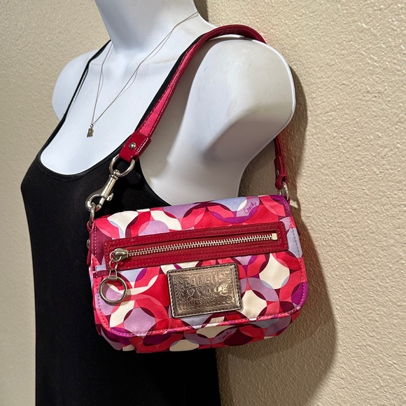 EUC COACH POPPY pink & wine kaleidoscope flap front zip pocket bag - Picture 10 of 13